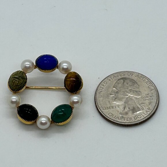 Vtg Wells Brooch Egyptian Revival Scarab Stone14k Gold-Filled Faux Pearl Wreath - Picture 3 of 14